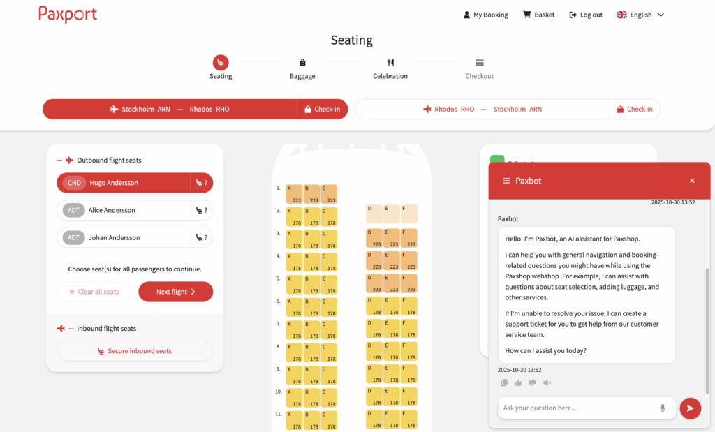 Image showing PaxShop with seating layout and PaxBot active in the bottom right corner.